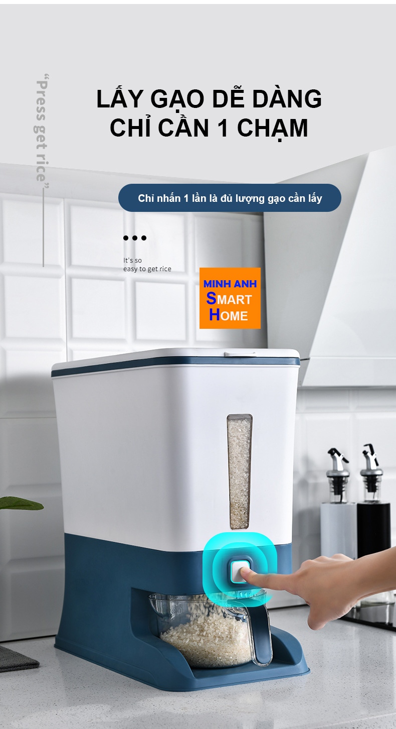 Thùng đựng gạo thông minh có nút nhấn hiện đại