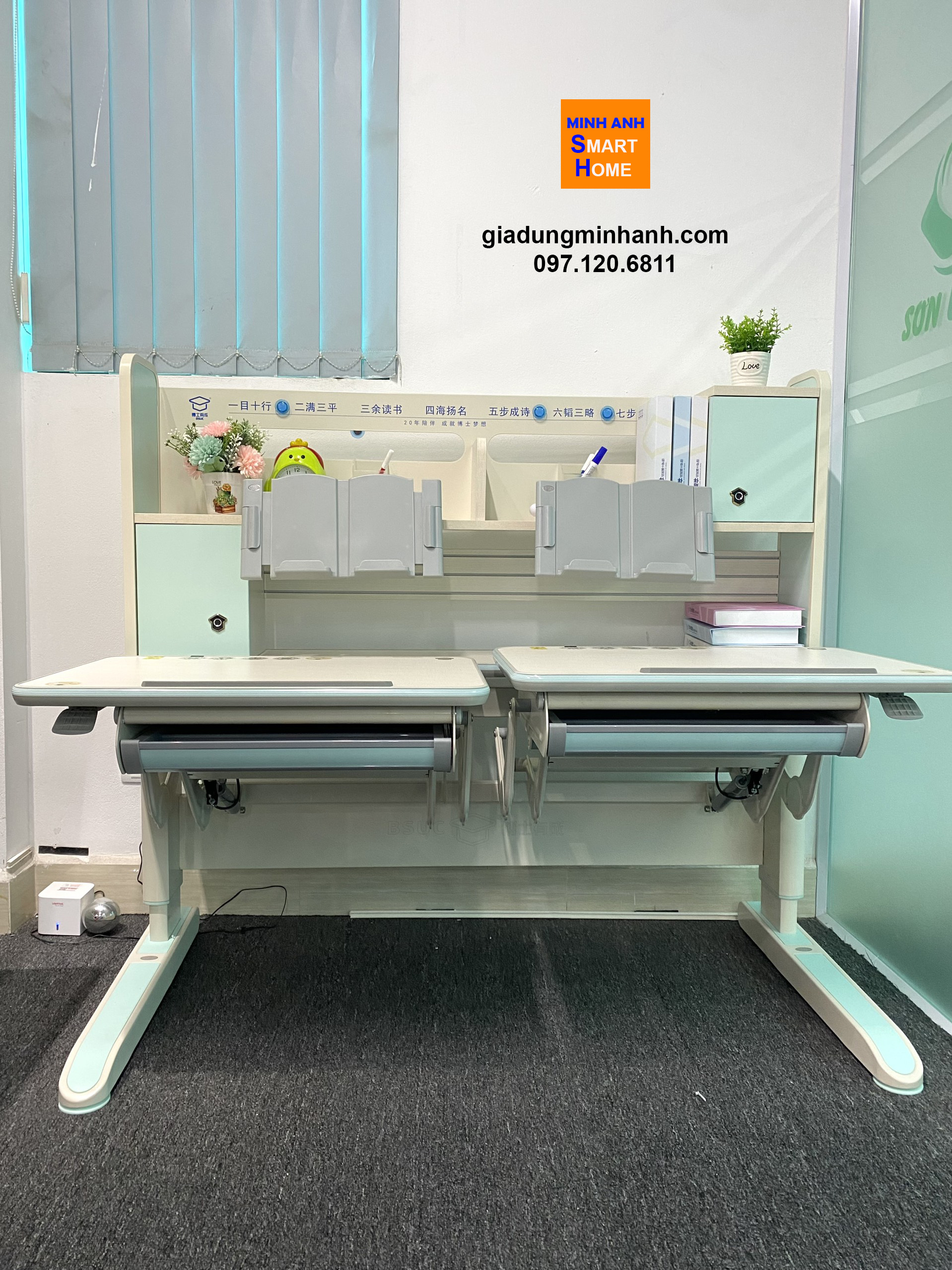 Bàn học đôi cao cấp thông minh, nâng hạ chiều cao, điều chỉnh mặt bàn theo ý muốn