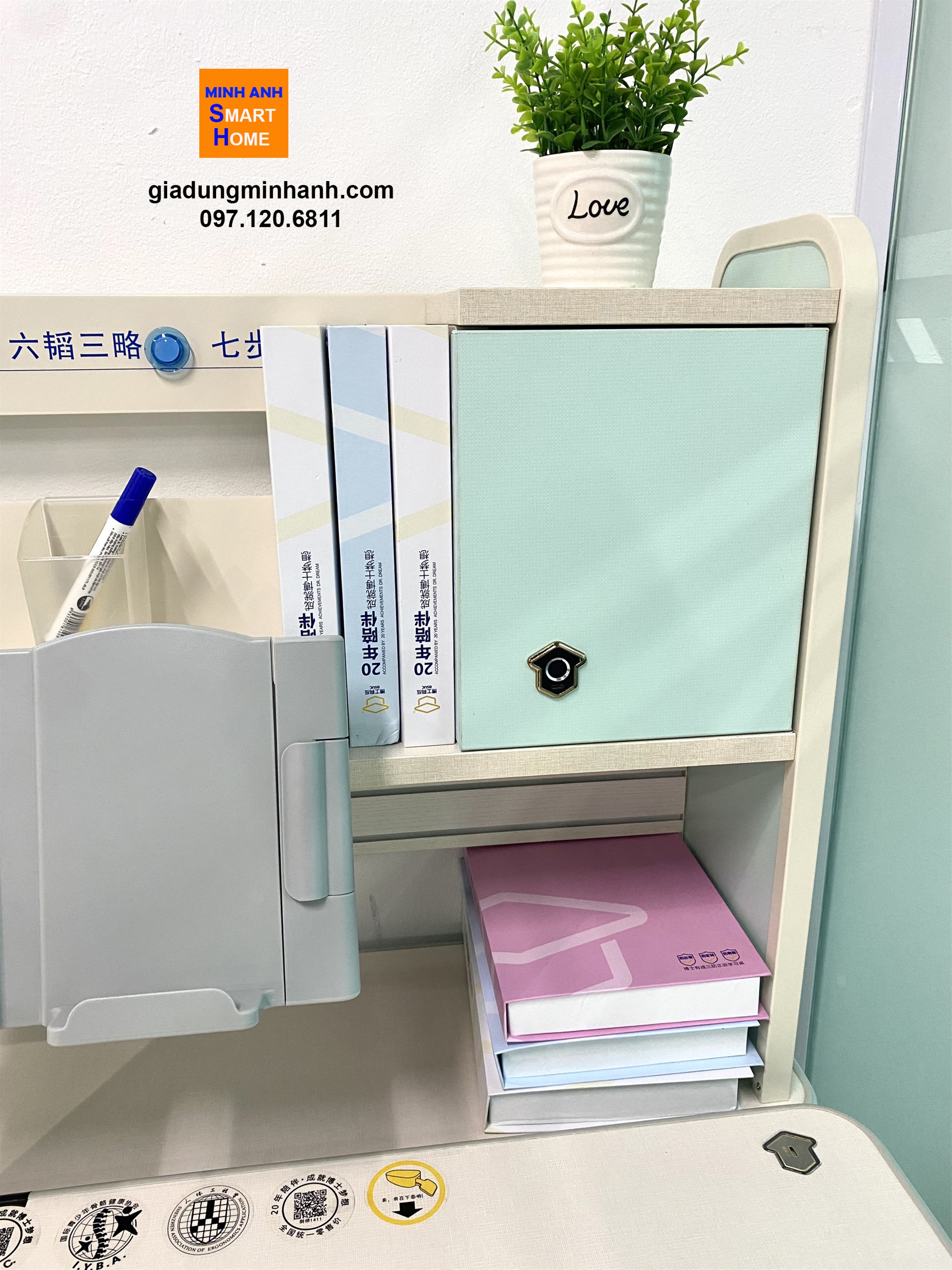 Bàn học đôi cao cấp thông minh, nâng hạ chiều cao, tích hợp khay đựng ipad, điện thoại, đọc sách