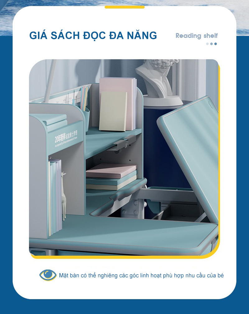 Bàn có tích hợp giá đọc sách đa năng, kéo ra và ấn gọn lại được
