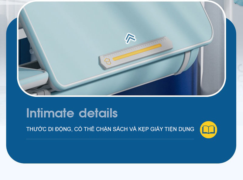 Bàn học thông minh có thước đo di động và có kết hợp là thanh chặn sách và kẹp giấy khi vẽ