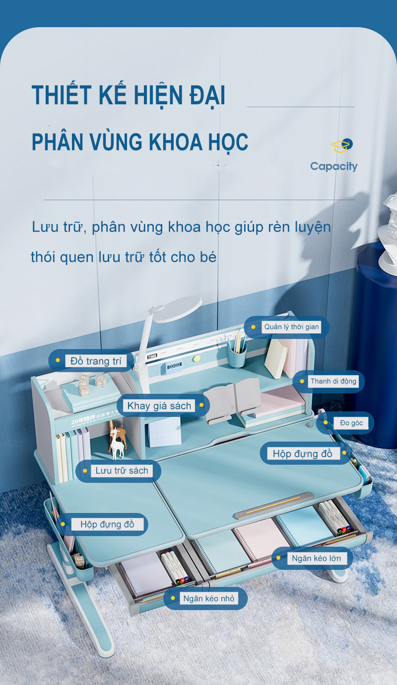 Mẫu Bàn học thông minh có thiết kế hiện đại, phân vùng khoa học