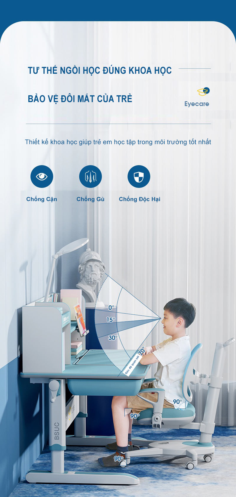 Tư thế khi ngồi bàn học chống gù này giúp trẻ có tư thế ngồi đúng bảo vệ đôi mắt và cột sống cho trẻ