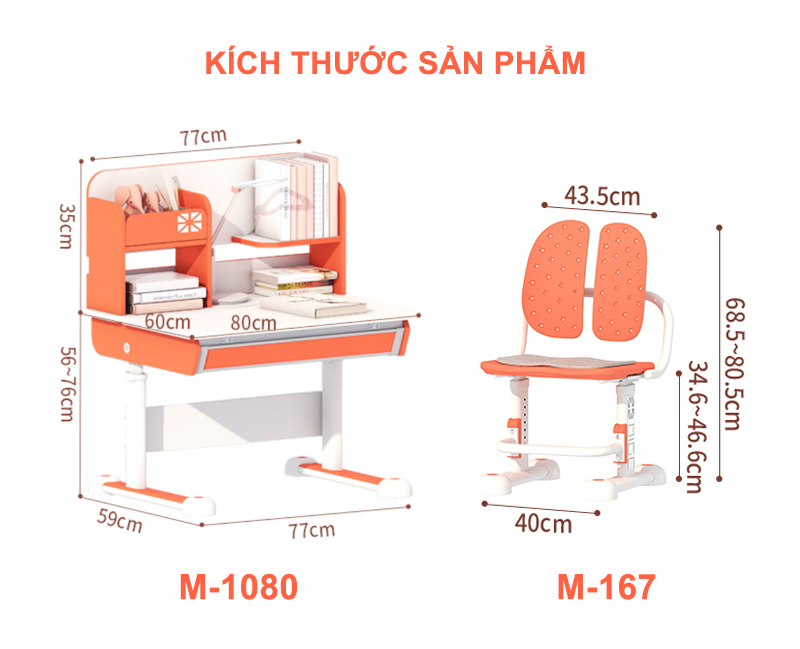 Kích thước bộ bàn học chống gù chống cận M-1080 và ghế M-167