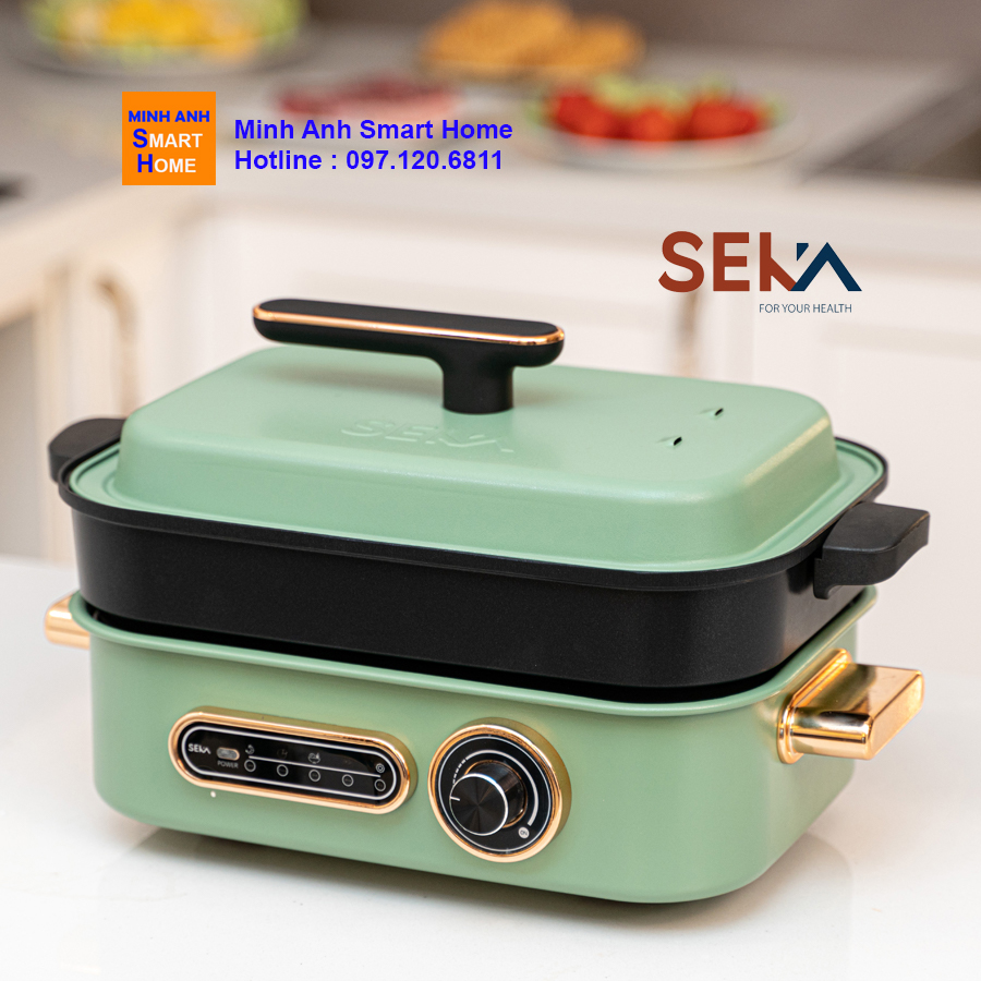 Bếp lẩu nướng Seka có nắp đậy tích hợp tay cầm cách nhiệt, an toàn khi sử dụng