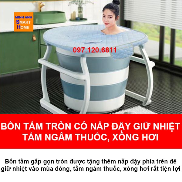 Bồn tắm gấp gọn tròn cho người lớn, được tặng kèm nắp đậy