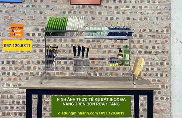 Kệ úp bát đĩa đa năng trên bồn rửa đôi inox 66cm - loại 1 tầng