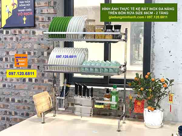 Kệ bát đa năng trên bồn rửa đôi inox 66cm - loại 2 tầng