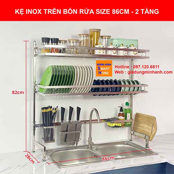 Ảnh thực tế kệ chén inox 86cm2 - 2 tầng