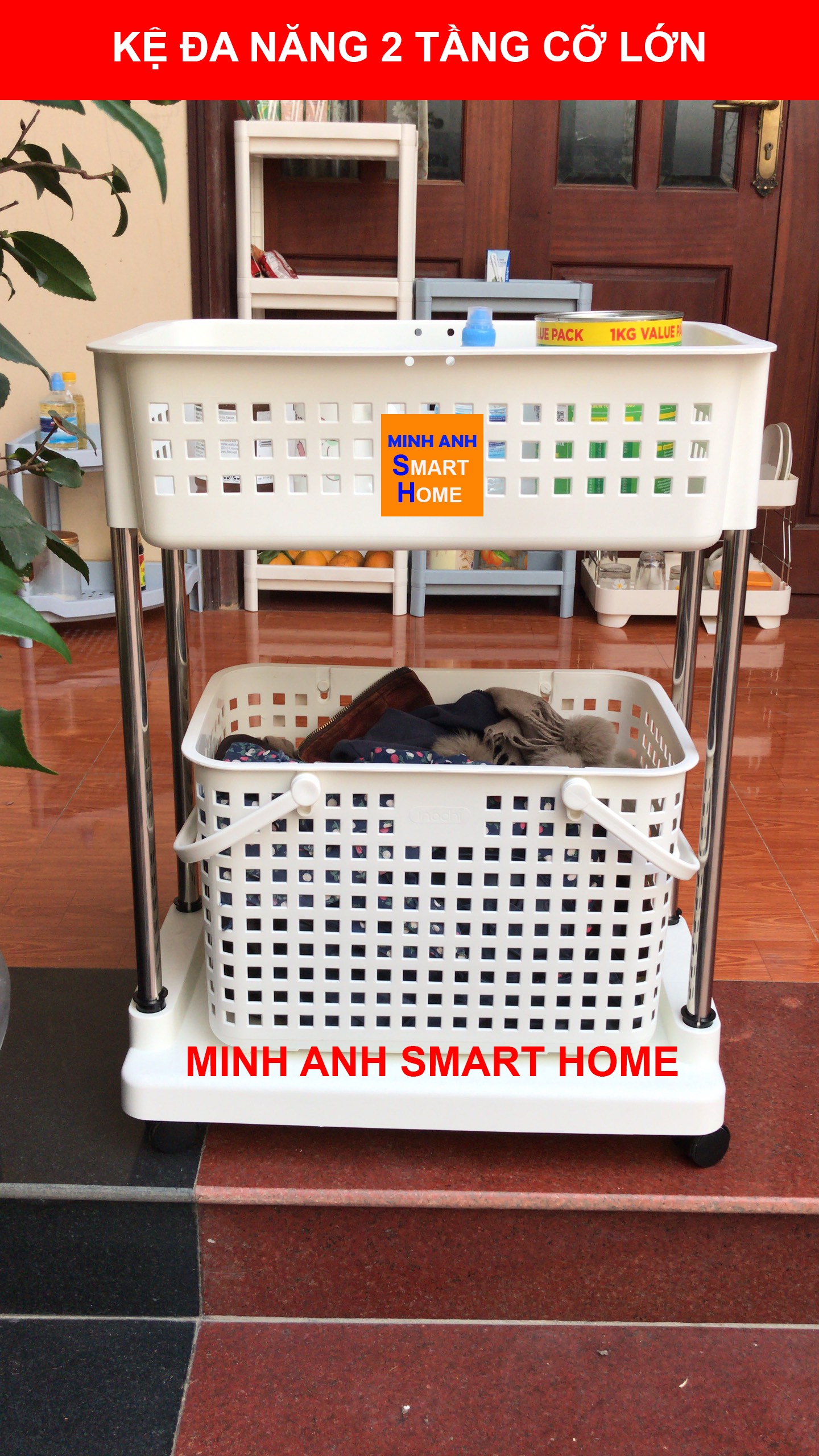 Kệ đa năng 2 tầng cỡ lớn có bánh xe - ảnh chụp phía chiều ngang