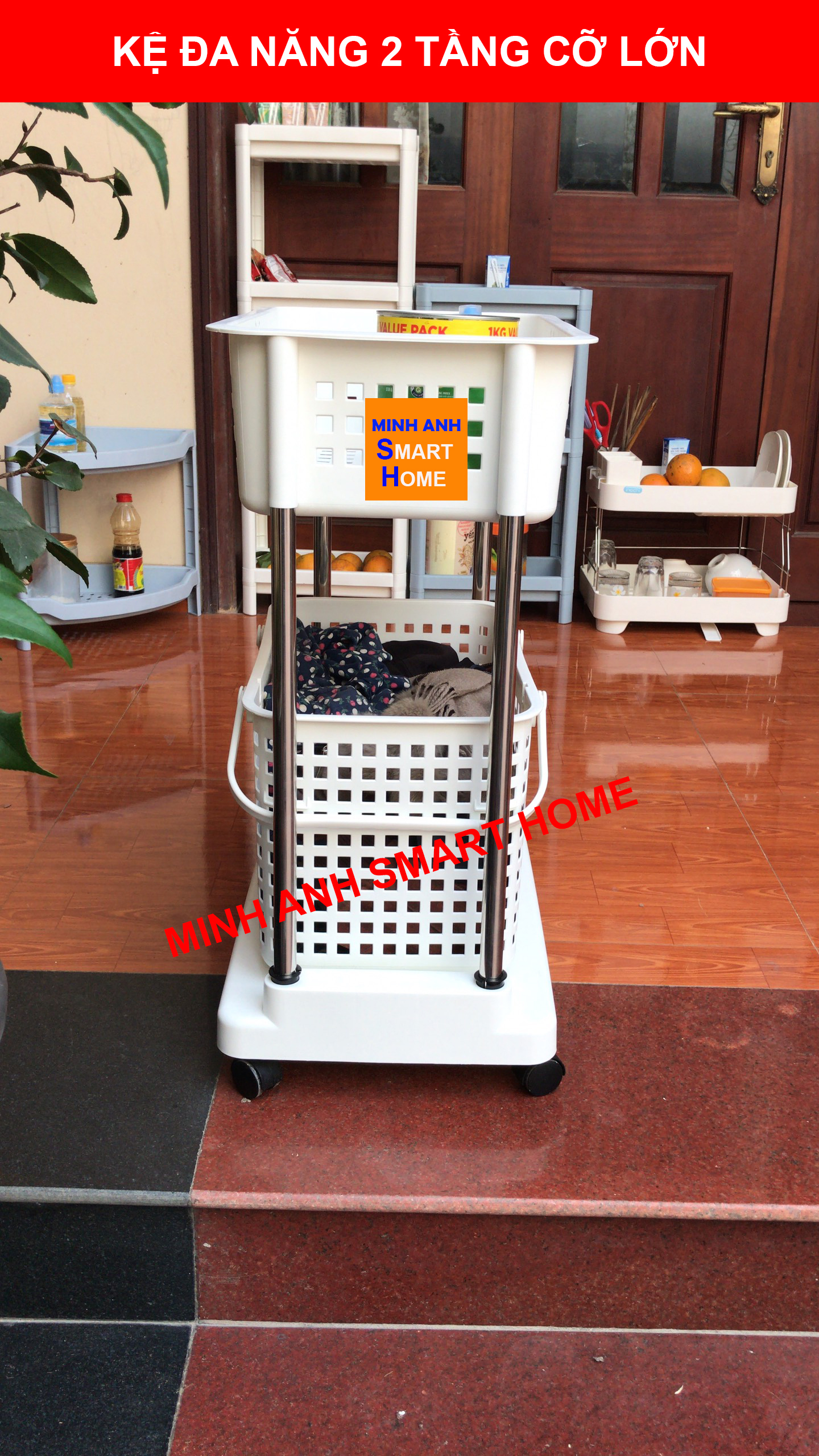 Kệ đa năng 2 tầng cỡ lớn có bánh xe - ảnh chụp phía chiều dọc