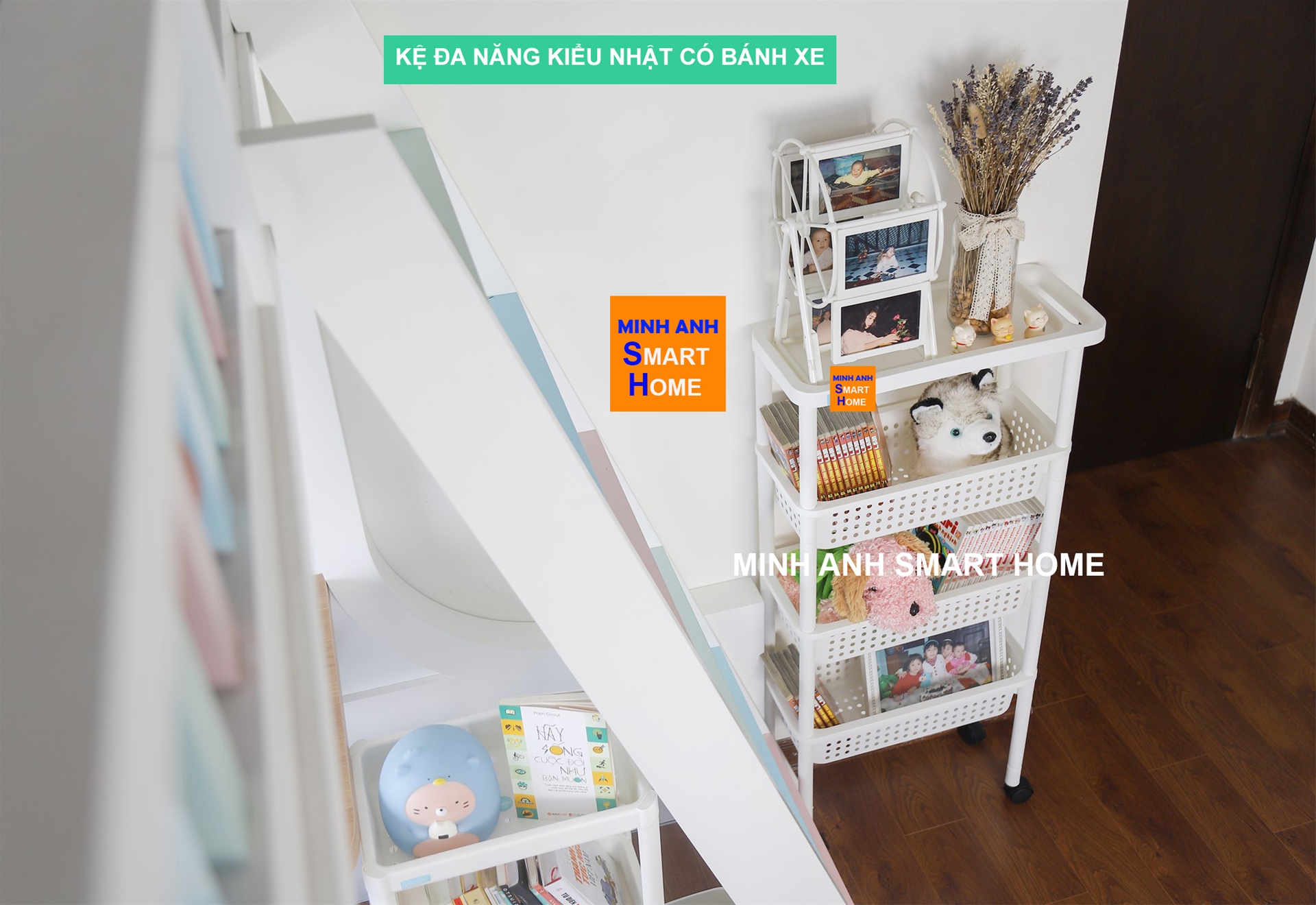 Kệ để đồ đa năng có bánh xe để sách, trang trí