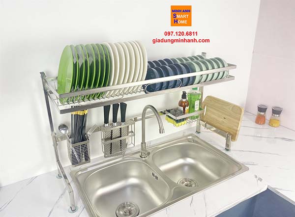 Kệ để chén inox trên bồn rửa đôi 86cm inox - loại 1 tầng