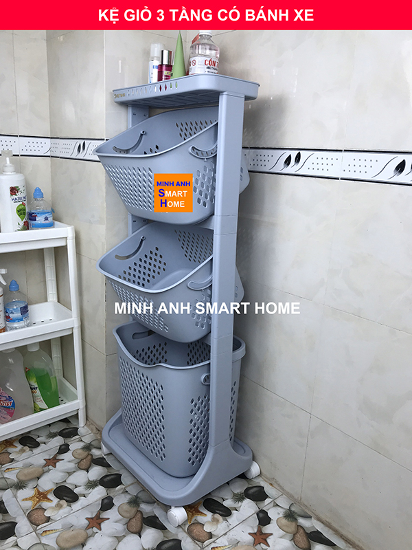 Kệ để đồ nhà tắm đa năng - kệ giỏ đa năng 3 tầng có bánh xe