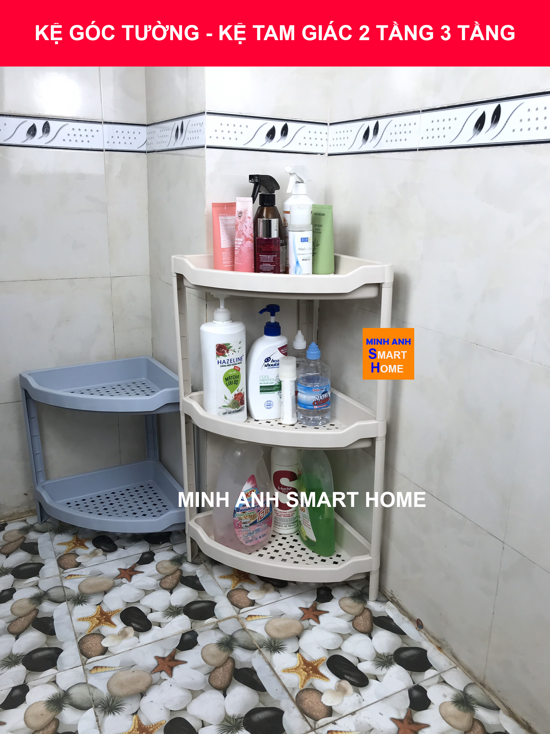 Kệ góc tường nhà tắm 2 tầng màu xanh, 3 tầng màu ghi