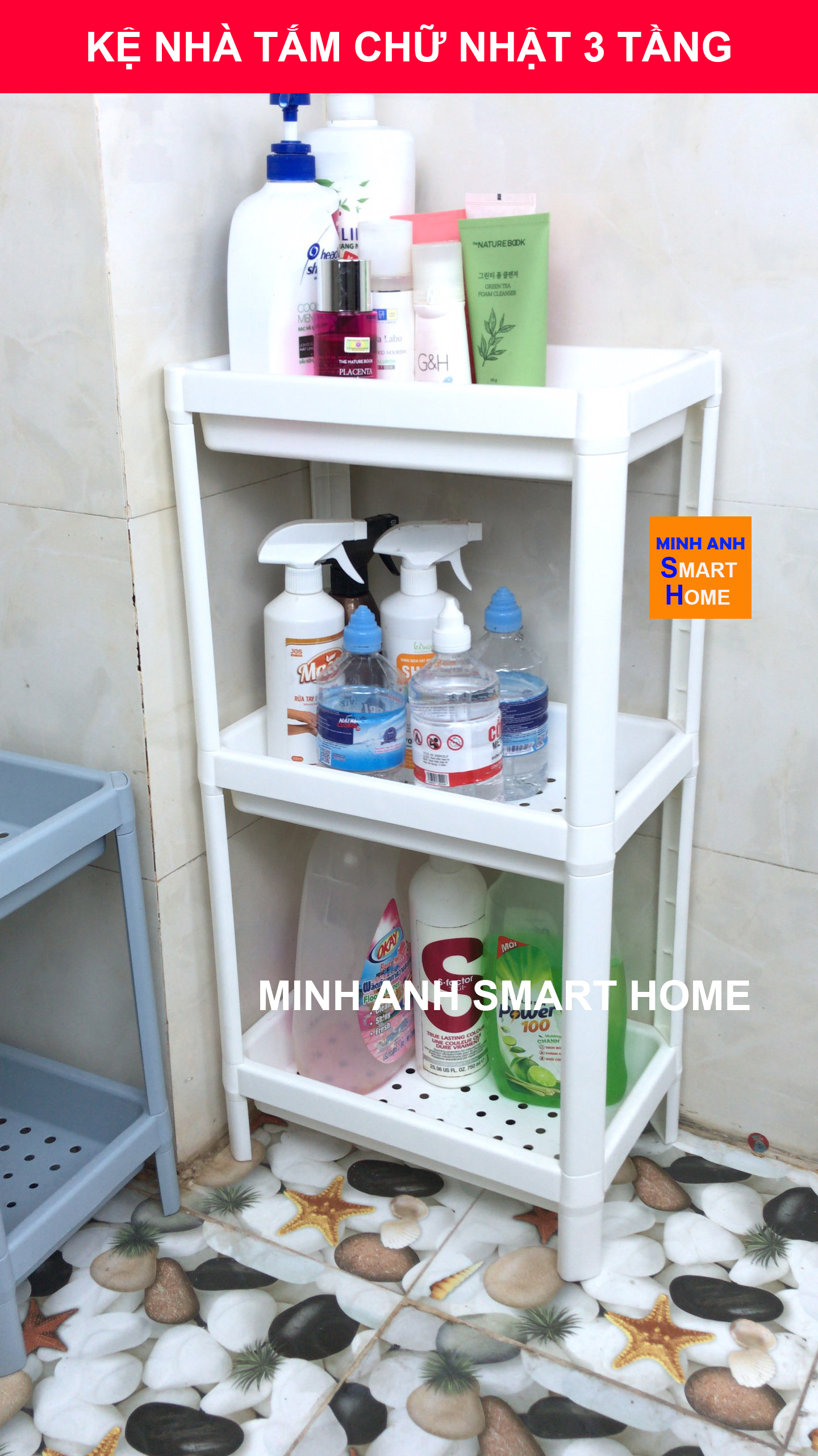 Kệ nhà tắm đa năng chữ nhật 3 tầng màu trắng