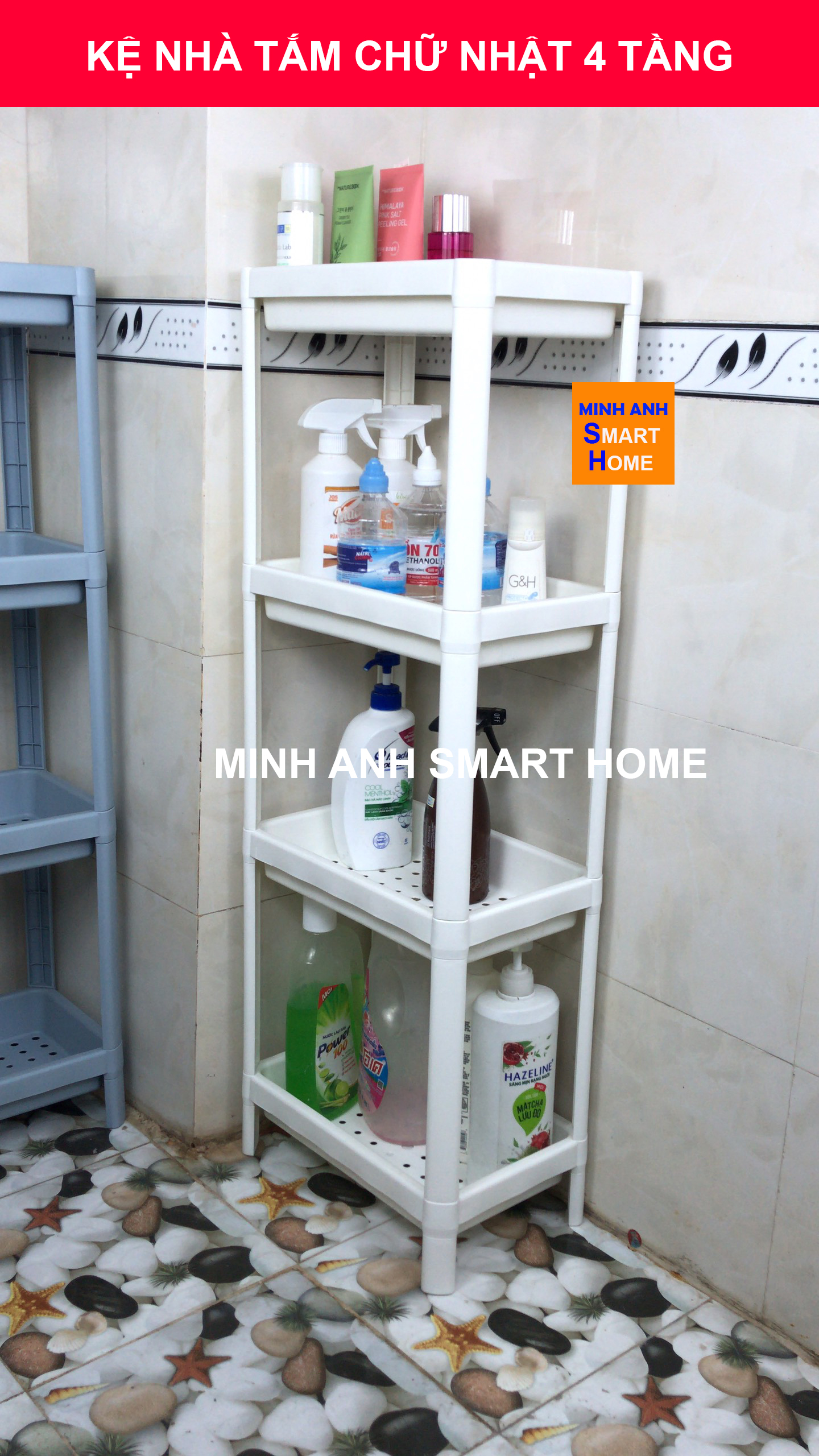 Kệ nhà tắm chữ nhật 4 tầng màu trắng