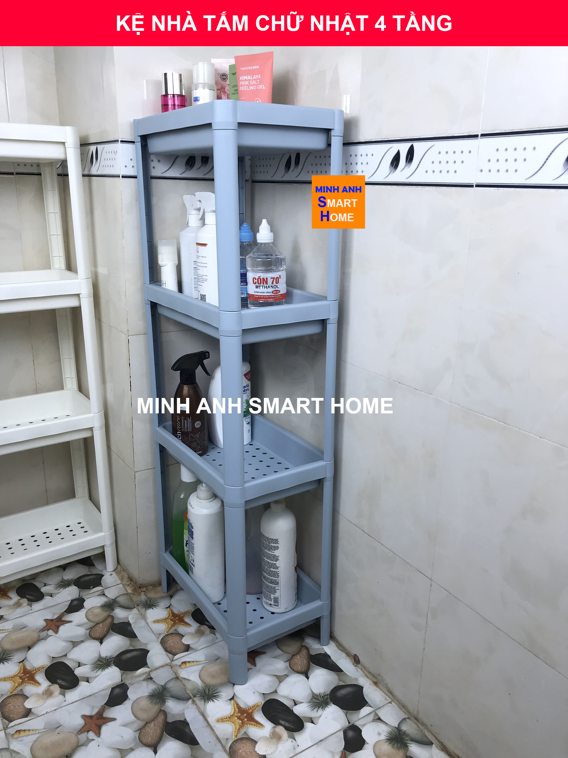 Kệ nhà tắm chữ nhật 4 tầng màu xanh