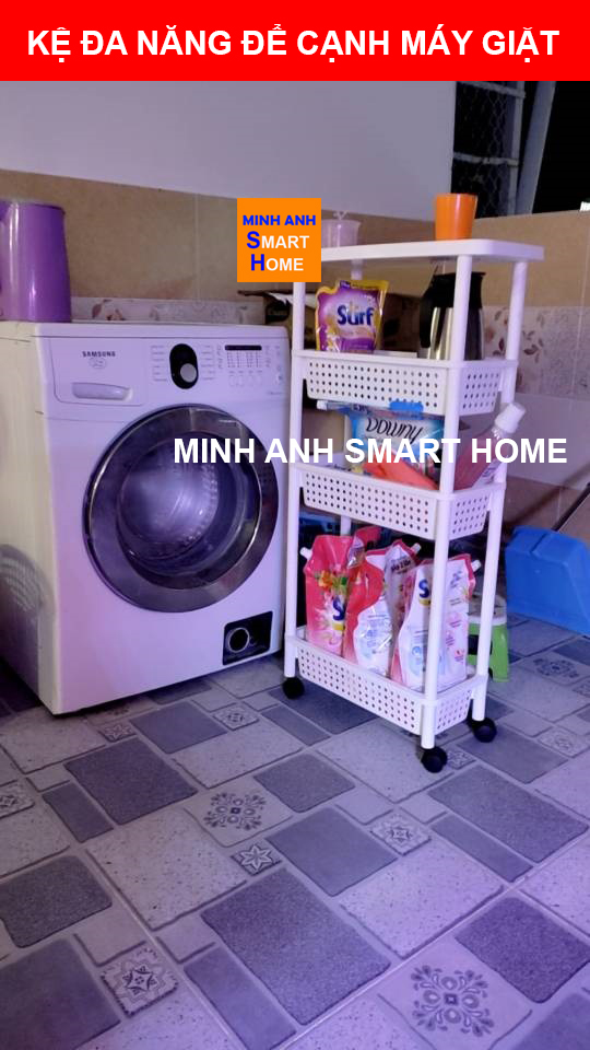 kệ đa năng có bánh xe để cạnh máy giặt