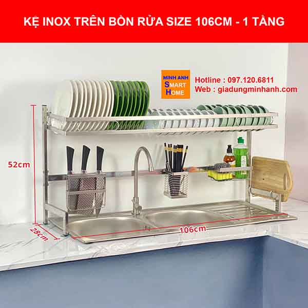 Kích thước kệ chén inox trên bồn rửa size 106cm - 1 tầng
