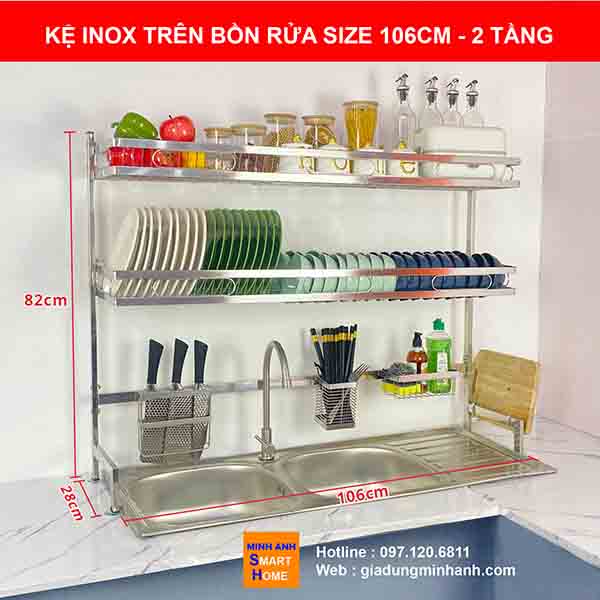 Kích thước kệ chén inox trên bồn rửa size 106cm - 2 tầng