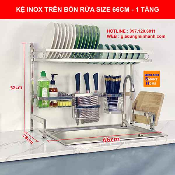 Kệ úp chén trên bồn rửa kích thước dài 66cm - 1 tầng