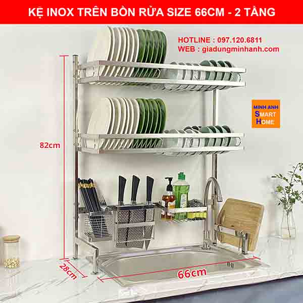Kệ úp chén trên bồn rửa kích thước dài 66cm - 2 tầng
