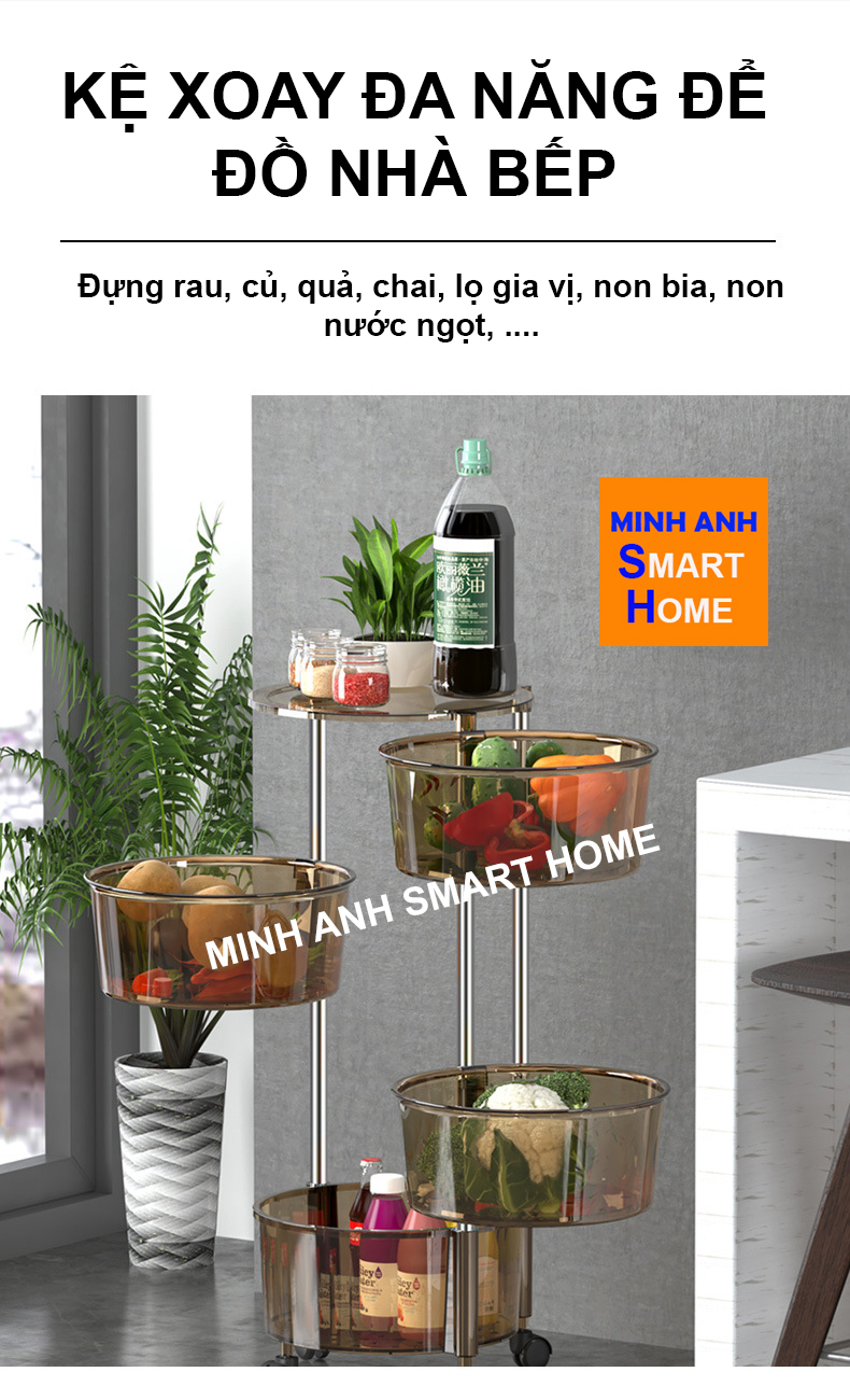Kệ xoay đa năng tròn thế hệ mới sử dụng thanh trụ chất liệu inox và giá làm từ nhựa cao cấp