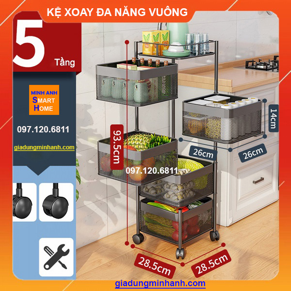 Kích thước kệ xoay đa năng vuông 5 tầng - giá xoay đa năng vuông 5 tầng