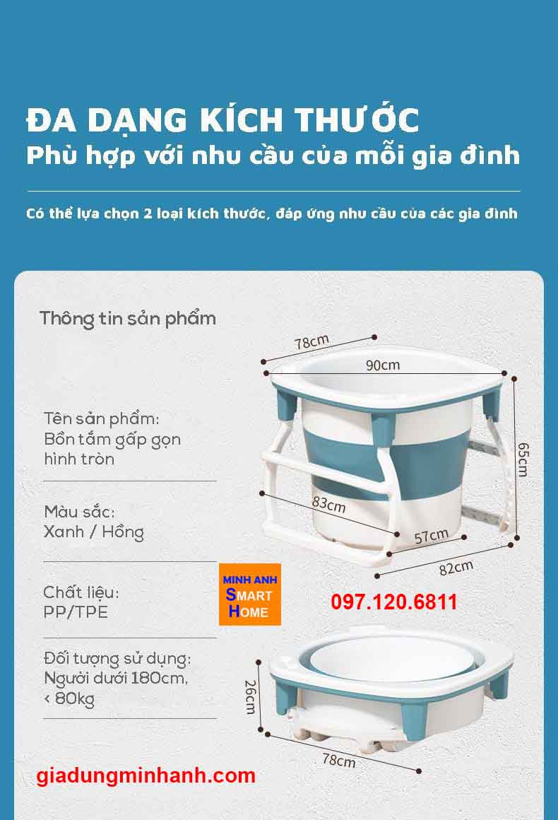Kích thước bồn tắm gấp gọn hình tròn