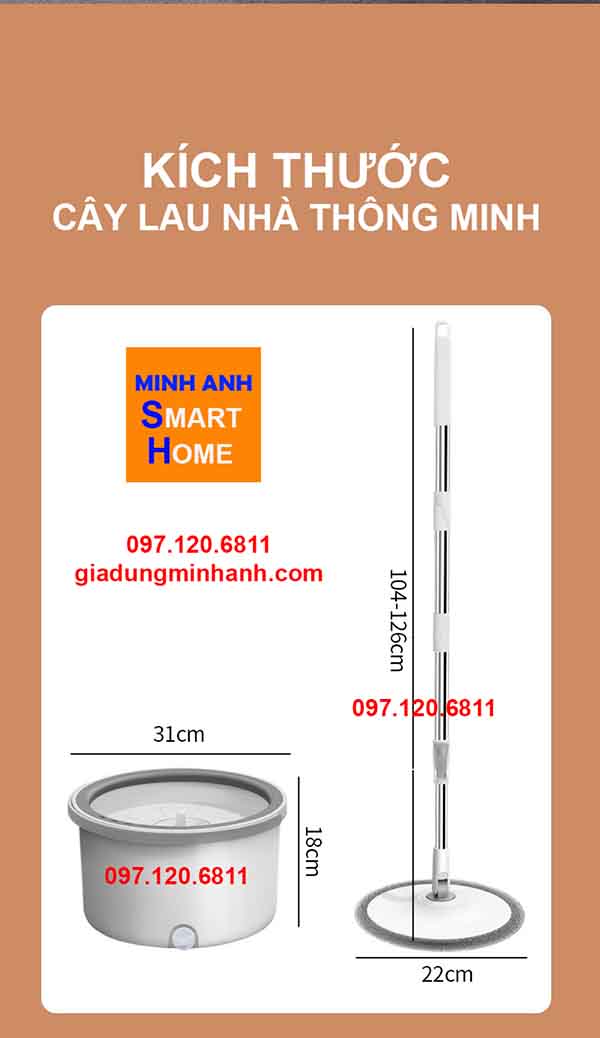 kích thước cây lau nhà thông minh, kích thước chổi lau nhà thông minh