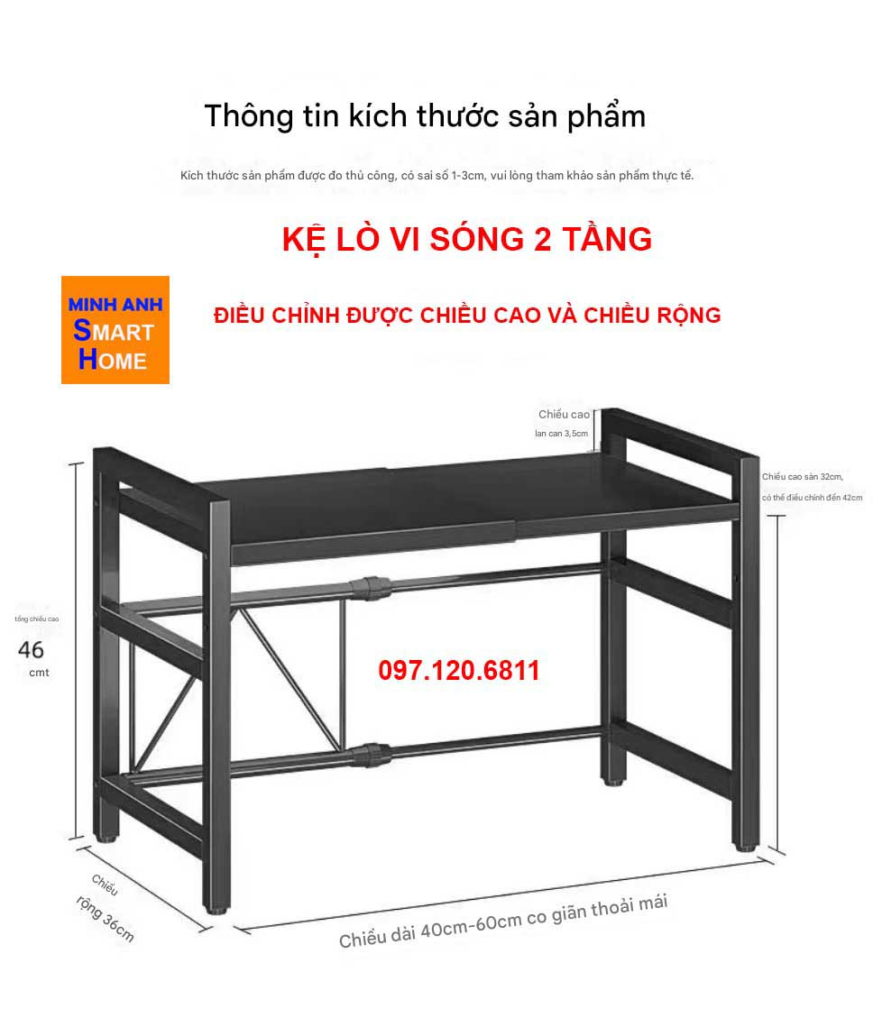 Kích thước kệ lò vi sóng 2 tầng điều chỉnh được chiều ngang, chiều cao