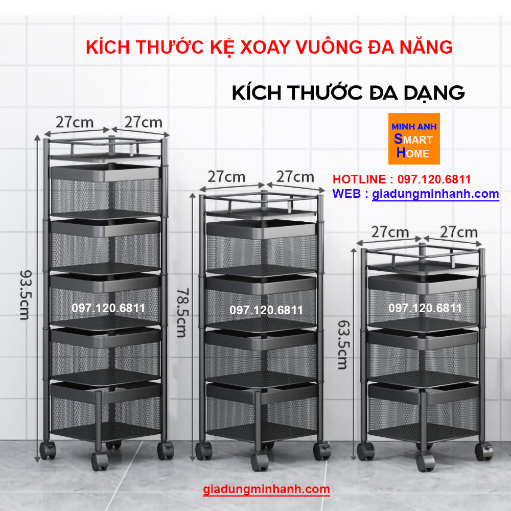 Kích thước kệ xoay đa năng đựng rau củ quả vuông