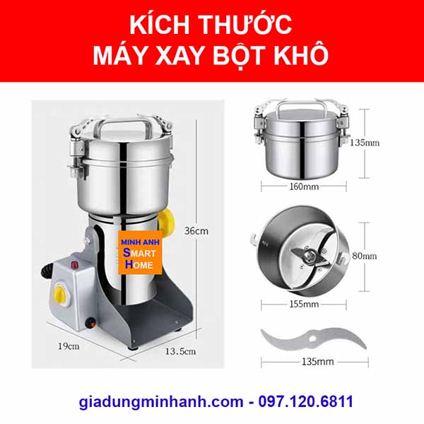 Kích thước máy xay bột khô Seka