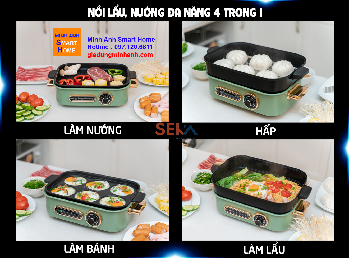 Nồi lẩu nướng điện đa chức năng 4 trong 1 Seka