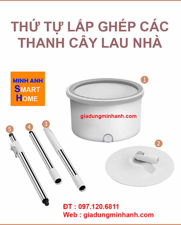 Thứ tự lắp ghép các thanh chổi lau nhà thông minh