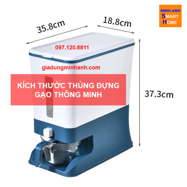 Kích thước thùng đựng gạo thông minh 10kg - 12kg