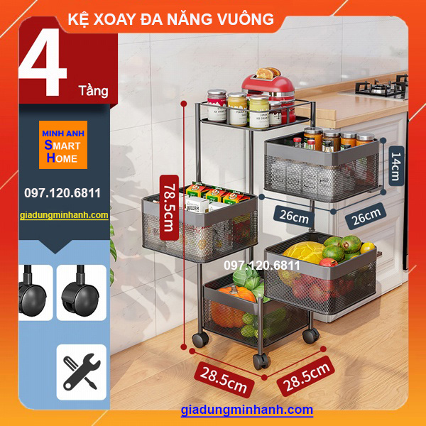 Kệ Xoay Đa Năng Vuông Đựng Rau Củ Quả 3 Tầng, 4 Tầng, 5 Tầng Nhập Khẩu Cao Cấp
