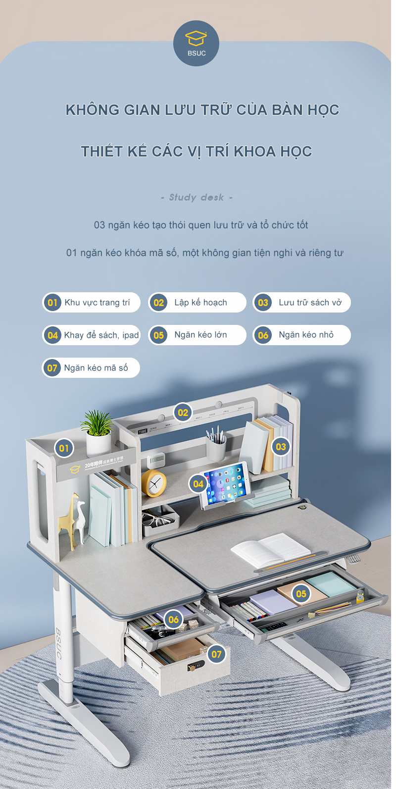 Bàn Học Chống Gù Chống Cận Cao Cấp - Nâng Hạ Thủy Lực DRZ-12002