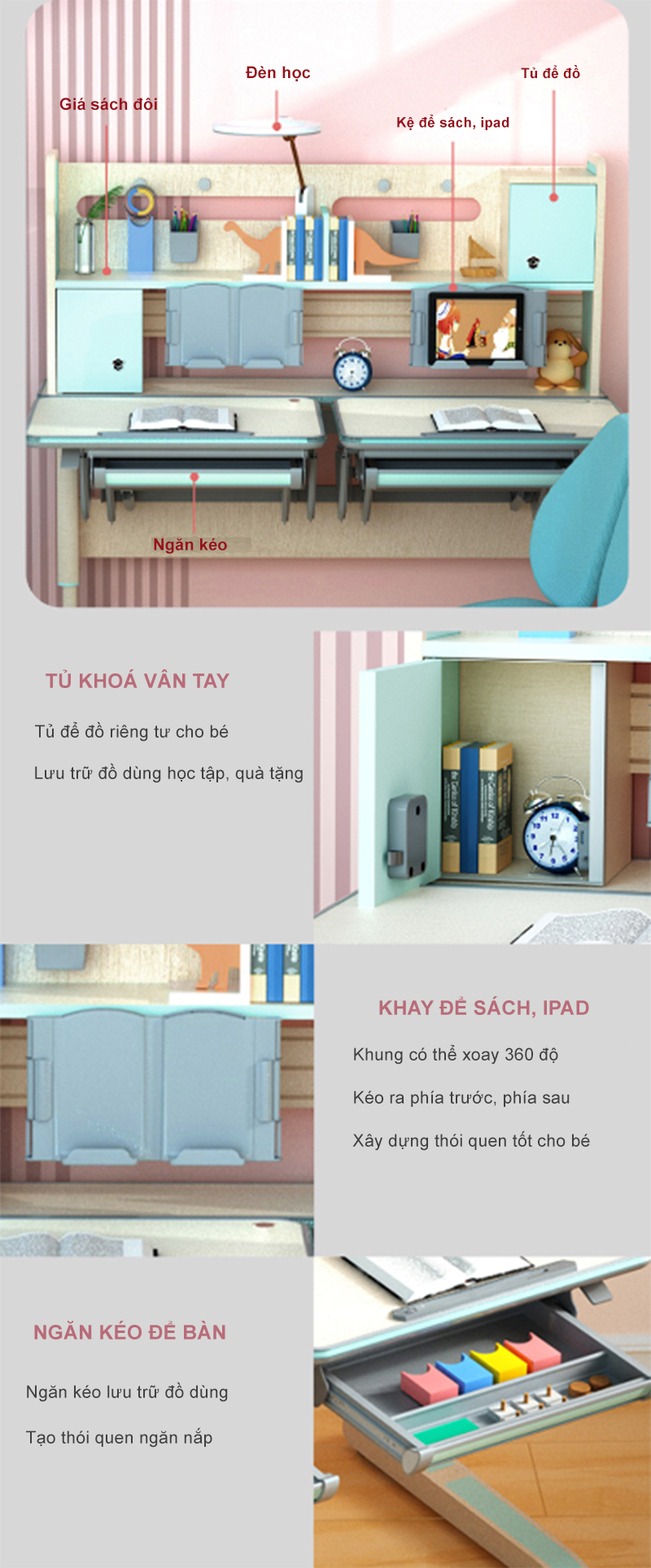 Bàn Học Đôi Cao Cấp Chống Gù Chống Cận - Nâng Hạ Thủy Lực DRZ-1411