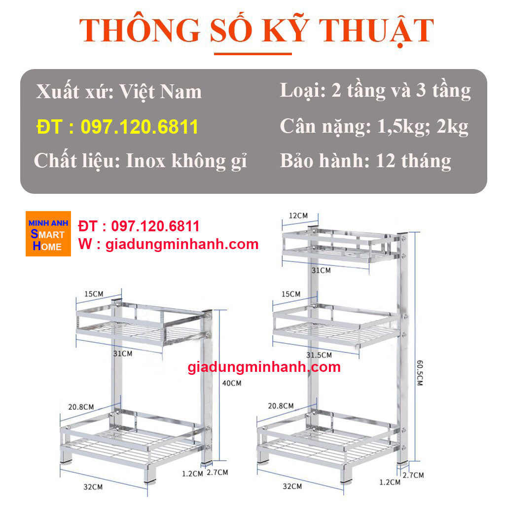 Kệ Đựng Gia Vị Nhà Bếp Thông Minh 2 Tầng, 3 Tầng Inox Chống Gỉ Siêu Hot Năm Nay